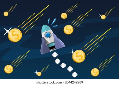 Business uptrends are as successful as rockets in the pouring rain of gold coins. Vector illustration in 3D style