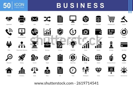 Business user interface icon collection set. Containing evaluation, crisis, success, boss, financial analysis, growth, statistics icon. Simple vectors illustration.