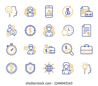 Business user line icons. Group, Profile and Teamwork icons. Portfolio, Timer and Security shield symbols. Business analytic, human management, user group. Person profile, teamwork support. Vector