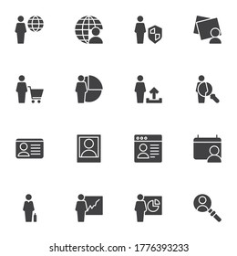 Business user vector icons set, modern solid symbol collection, filled style pictogram pack. Signs, logo illustration. Set includes icons as id, business presentation, contact search, online shopping