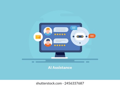 Negocios que utilizan la asistencia de IA para la Asistencia al cliente, bot de chat que proporciona Asistencia en línea para Clientes, tecnología de solución de bot de chat empresarial - Ilustración vectorial con iconos