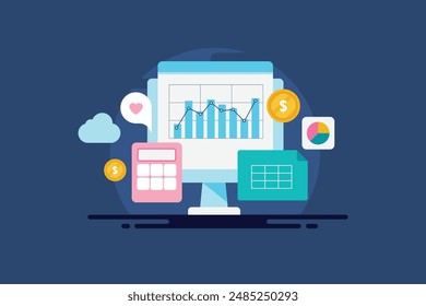 Unternehmen, die CRM-Software für Buchhaltung verwenden, Cloud-basierte CRM-Technologie, die Inventar, Vertrieb, Buchhaltung und Kundenbetreuung verwaltet. CRM Financial Analytics - Vektorillustration mit Symbolen