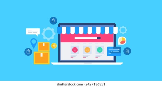 Business using ecommerce solution, eCommerce website, buy, sale, online, secure checkout, online delivery, ecommerce cart concept - vector illustration with icons