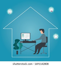 business  using a laptop a hand drawn style vector design flat  illustrations.Working at home to prevent virus infection
Working  at desks Vector illustration of students studying at home