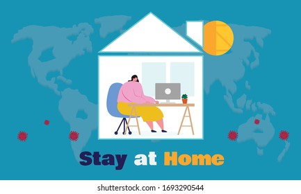 business  using a laptop a hand drawn style vector design flat  illustrations. Working at home to prevent virus infection. Working  at desks Vector of students studying at home