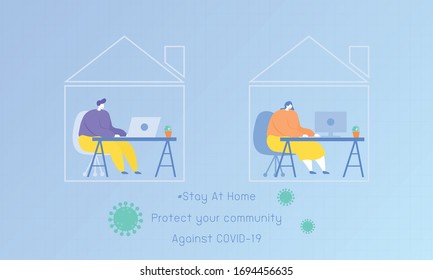 business  using a laptop a hand drawn style vector design flat  illustrations. Working at home to prevent virus infection. Working  at desks Vector of students studying at home Physical Distancing