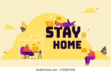 business  using a laptop a hand drawn style vector design flat  illustrations. Working at home to prevent virus infection. Working  at desks Vector of students studying at home Physical Distancing