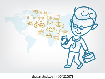 Business using smart phone for his work and lifestyle with world map background (map derived from NAZA world map)