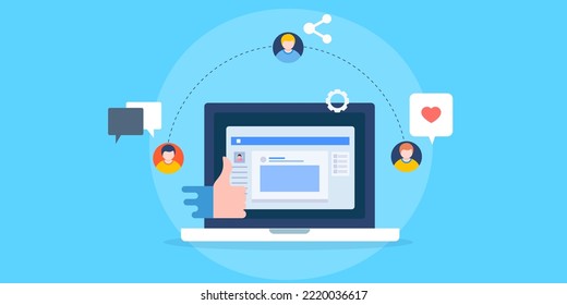 Unternehmen, die Social-Media-Netzwerke nutzen, Content-Marketing in sozialen Medien, mehr Gewohnheiten, Anhänger, Kommentare und teilen - Vektorgrafik mit Symbolen