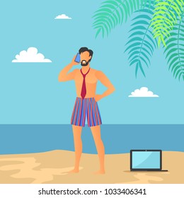 Business vacations of man poster with businessman talking on phone, laptop placed on hot sand, seaside and palms with clouds, vector illustration