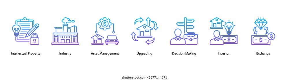 Ilustração do vetor de banner da Web para validação de negócios com propriedade intelectual, setor, gerenciamento de ativos, atualização, tomada de decisões, investidor e Exchange.