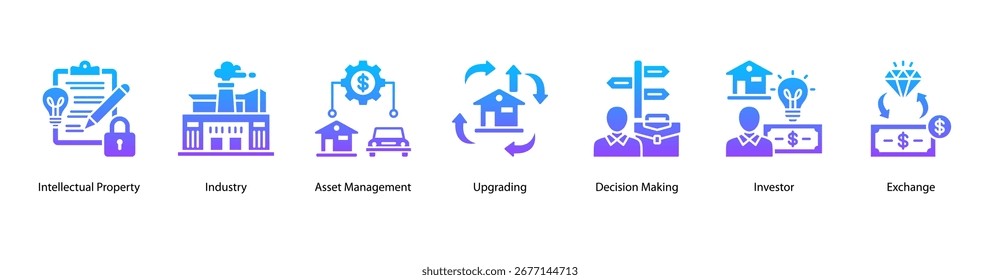 Ilustração do vetor de banner da Web para validação de negócios com propriedade intelectual, setor, gerenciamento de ativos, atualização, tomada de decisões, investidor e Exchange.