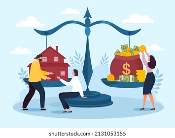 Concepto de valoración comercial. Los personajes hacen trato, dinero y vivienda a escalas. La familia adquiere bienes raíces, inversiones y conocimientos financieros. Análisis de construcción. Dibujo vectorial plano de dibujos animados