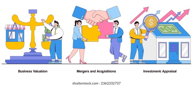 Business valuation, mergers and acquisitions, investment appraisal concept with character. Corporate finance abstract vector illustration set. Business valuation methods, due diligence metaphor.