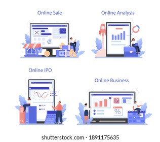 Business valuation online service or platform set. Appraisal services, selling and buying a company. Business investing. Online sale, business, analysis, IPO. Isolated flat vector illustration