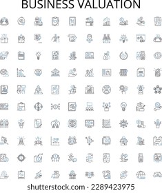 Business valuation outline icons collection. Business, Valuation, Analysis, Appraisal, Models, Cost, Market vector illustration set. Equity, Assets, Liabilities linear signs