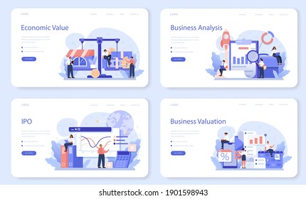 Banner web de valoración comercial o conjunto de páginas de inicio. Servicios de evaluación, venta y compra de una empresa. Inversión empresarial y idea de éxito financiero. Ilustración vectorial plana aislada