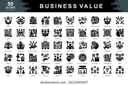 The Business Value black icon set defines key drivers of success such as leadership, responsibility, and performance, ideal for strategic planning, stakeholder engagement, and brand identity.