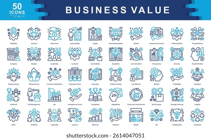 The Business Value color icon set defines key drivers of success such as leadership, responsibility, and performance, ideal for strategic planning, stakeholder engagement, and brand identity.