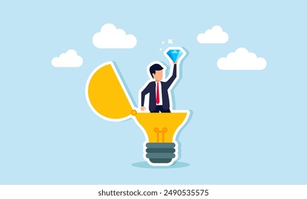 Business value discovering opportunities or benefits, measuring quality, or seeking brilliant ideas, concept of A businessman discovers a priceless diamond from a bright lightbulb idea 