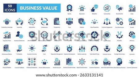 business value fill icon set collection. Profit, Growth, Efficiency, Innovation, Customer Satisfaction, Quality, Reputation, Reliability, Sustainability, Brand Identity