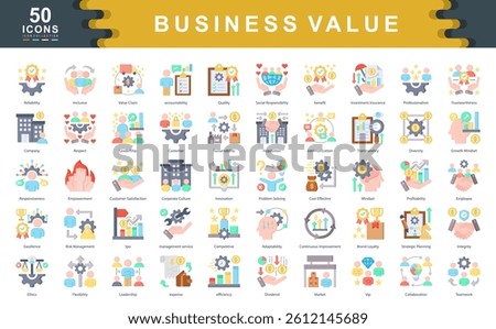 The Business Value flat icon set defines key drivers of success such as leadership, responsibility, and performance, ideal for strategic planning, stakeholder engagement, and brand identity.