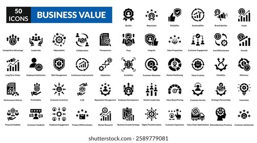 business value glyph icon set collection. Profit, Growth, Efficiency, Innovation, Customer Satisfaction, Quality, Reputation, Reliability, Sustainability, Brand Identity

