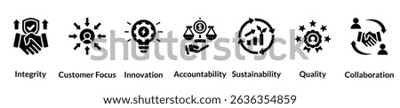 Business value glyph icon set. integrity, customer focus, innovation, accountability, sustainability, quality, collaboration