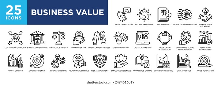 Business Value, growth, strategy, management, company, investment icon set. icons collection. Simple vector illustration