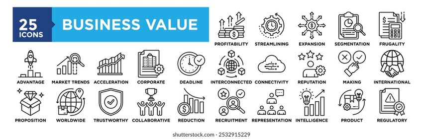 Conjunto de coleta de ícone Valor Comercial. Contendo negócios, valor, estratégia, crescimento e gerenciamento de projetos