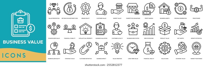 Business value icon. Value Proposition, Return on Investment, Brand Equity, Customer Value and Market Value