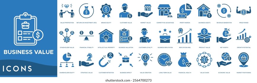 Business value icon. Value Proposition, Return on Investment, Brand Equity, Customer Value and Market Value