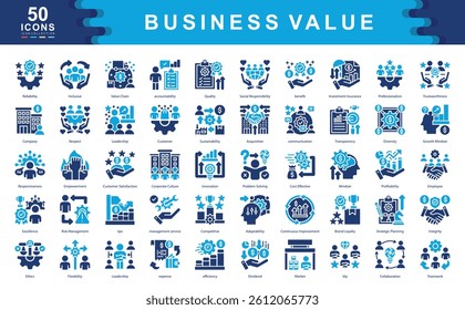 The Business Value icon set defines key drivers of success such as leadership, responsibility, and performance, ideal for strategic planning, stakeholder engagement, and brand identity.
