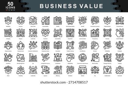 El conjunto de iconos de valor empresarial define los impulsores clave del éxito, como el liderazgo, la responsabilidad y el rendimiento, ideales para la planificación estratégica, la participación de las partes interesadas y la identidad de marca.