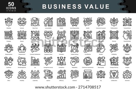 The Business Value icon set defines key drivers of success such as leadership, responsibility, and performance, ideal for strategic planning, stakeholder engagement, and brand identity.