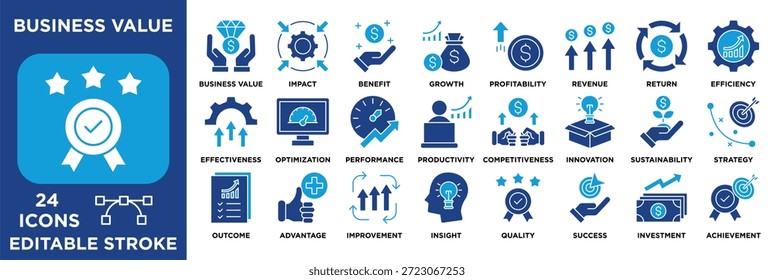Conjunto de iconos de valor empresarial editable para la estrategia corporativa que presenta crecimiento, rentabilidad, rendimiento, productividad, innovación, inversión y éxito. glifo azul Vector 