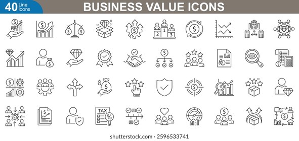 Business value icons set. Representing corporate ethics, growth, teamwork, innovation, leadership, sustainability, professional excellence, accountability and more. Vector illustration