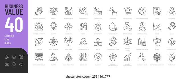 Business Value Line Editable Icons set. Vector illustration in modern thin line style of business related icons: financial graphs, documents, processes, and more. Pictograms and infographics