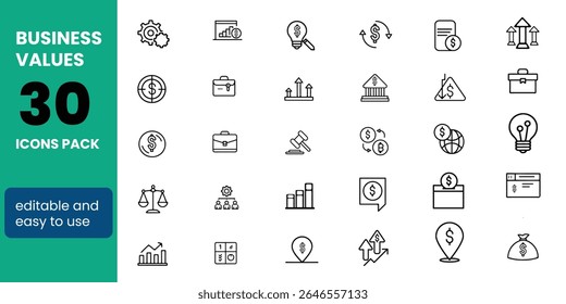 Conjunto de ícones editáveis da linha de valor comercial. Ilustração vetorial em estilo de linha fina moderna de ícones relacionados aos negócios: gráficos financeiros, documentos, processos e muito mais. Pictogramas e infográficos 