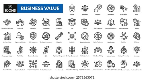 business value line icon set collection. Profit, Growth, Efficiency, Innovation, Customer Satisfaction, Quality, Reputation, Reliability, Sustainability, Brand Identity