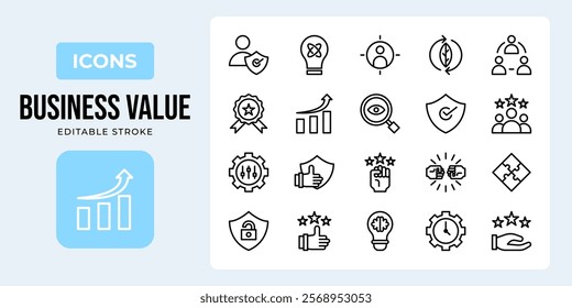 Business value outline icon set isolated on white background vector illustration