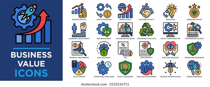 business value, business, value, strategy, growth, management icon set. Outline icons collection. Simple vector illustration	