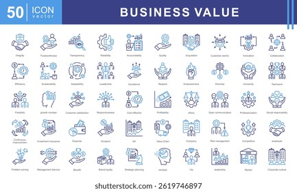 Business Value theme icon set visually represents the core principles of creating, delivering, and measuring value in a business context. Designed with a sleek and professional aesthetic.