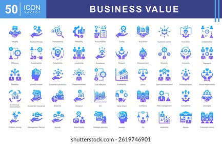 Business Value theme icon set visually represents the core principles of creating, delivering, and measuring value in a business context. Designed with a sleek and professional aesthetic.