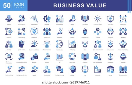 Business Value theme icon set visually represents the core principles of creating, delivering, and measuring value in a business context. Designed with a sleek and professional aesthetic.