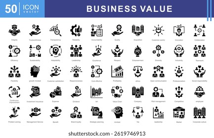 Business Value theme icon set visually represents the core principles of creating, delivering, and measuring value in a business context. Designed with a sleek and professional aesthetic.