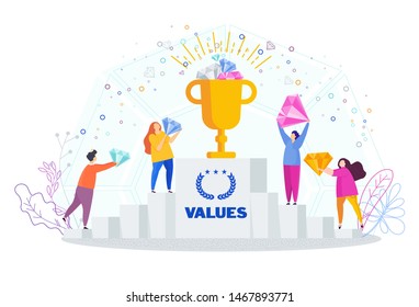 Business values concept. Company values shared by staff. Employees support the company ideas, business vision, mission, development concept. Trendy flat vector style illustration.