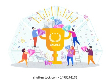 Business values concept. Company values shared by staff. Cup of employees support the company ideas, business vision, mission, development concept. Trendy flat vector style illustration.