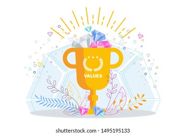 Business values concept. Company values shared by staff. Cup of company ideas, business vision, mission, development concept. Trendy flat vector style illustration.