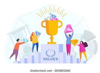 Business values concept. Company values shared by staff. Employees support the company ideas, business vision, mission, development concept. Trendy flat vector style illustration.